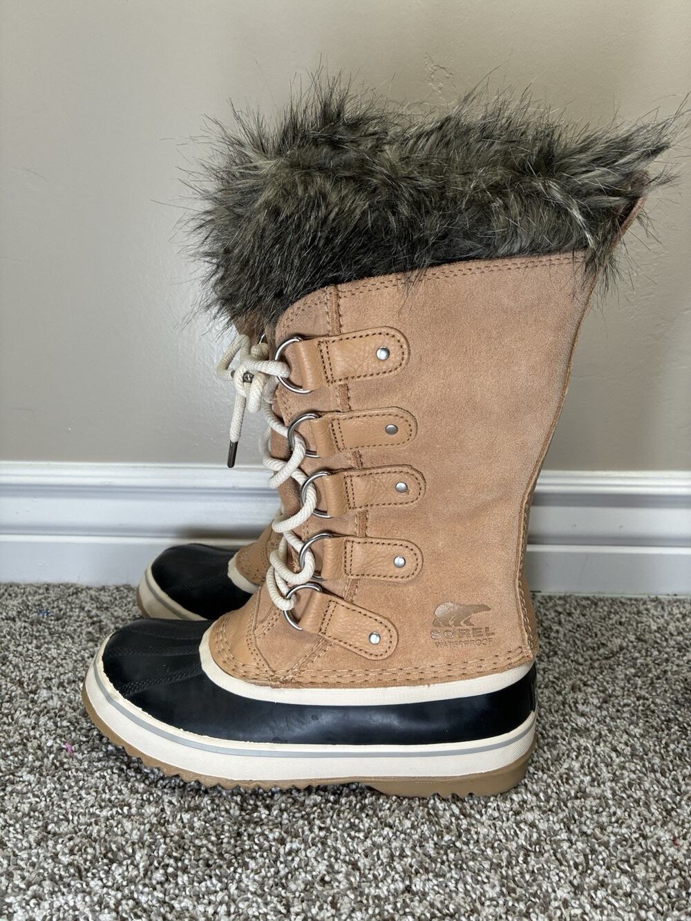 Sorel Joan of Arctic Womens 6 Elk Tan Suede Waterproof Faux Fur Snow Boots